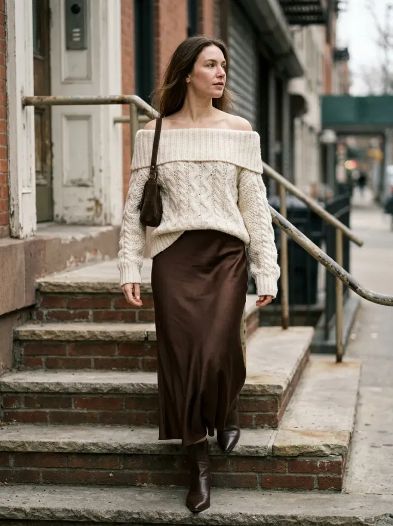 Cream Off-The-Shoulder Cable Sweater with Chocolate Satin Midi Skirt
