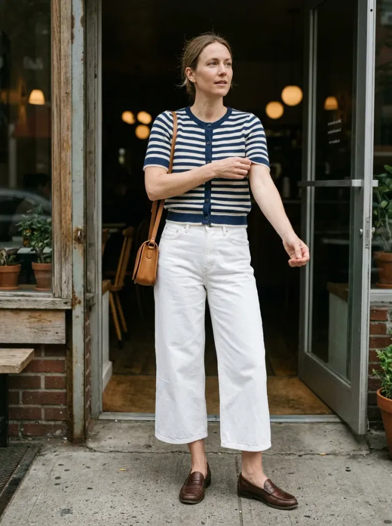 Blue-And-White Striped Short-Sleeve Cardigan with White Denim Culottes