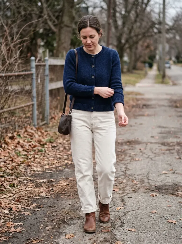 Navy Knit Cardigan with Ecru Relaxed Jeans