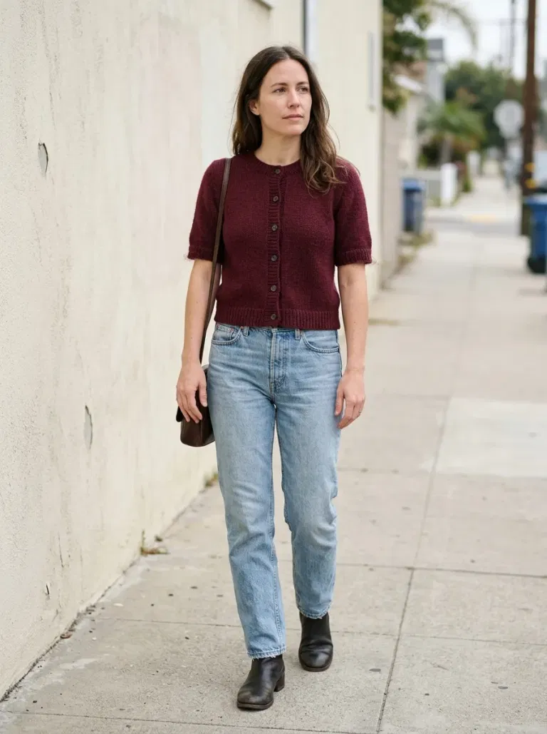 Burgundy Short-Sleeve Cardigan with Light-Wash Straight Jeans