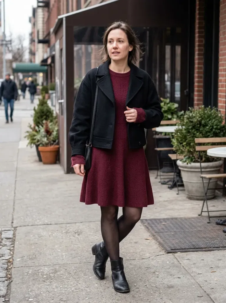 Burgundy Fit-And-Flare Sweater Dress with Black Cropped Wool Jacket