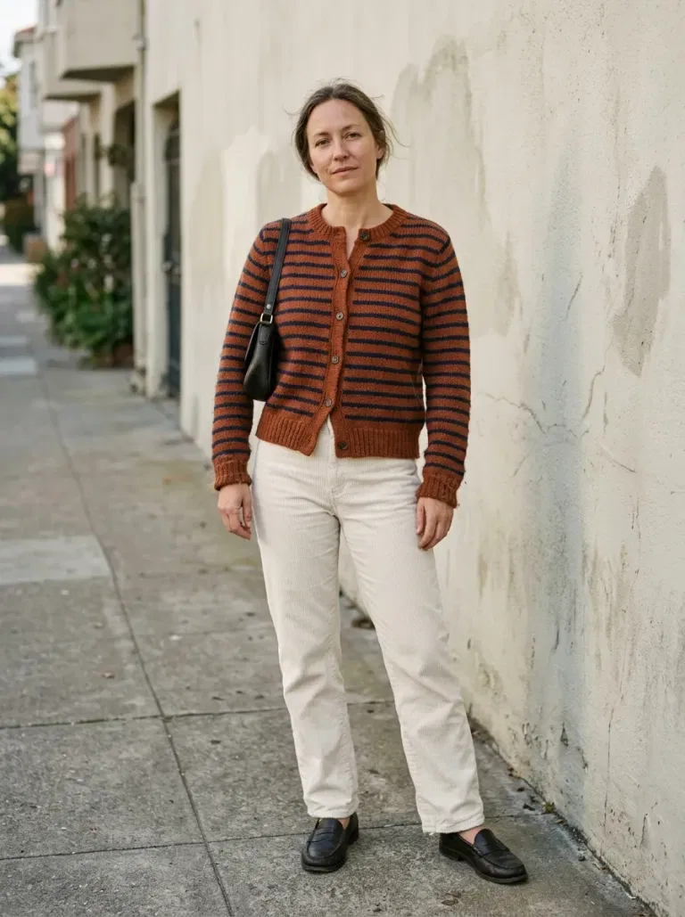Rust-And-Navy Striped Cardigan with Ecru Corduroy Trousers