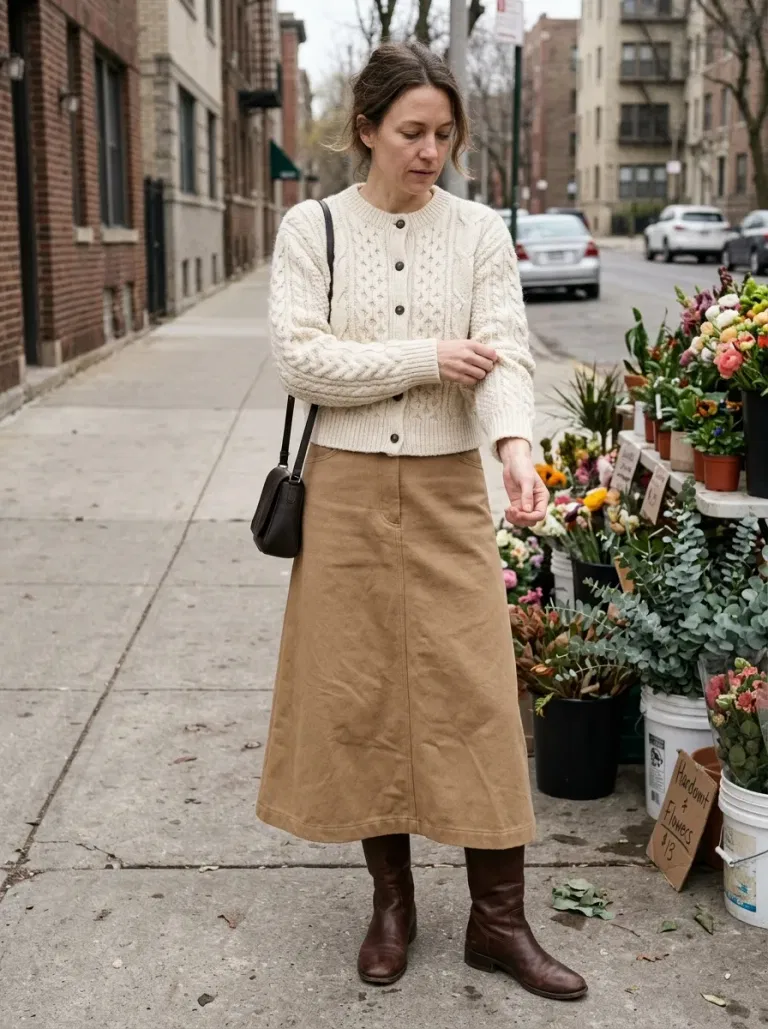 Ivory Cropped Cable Cardigan with Camel A-Line Midi Skirt