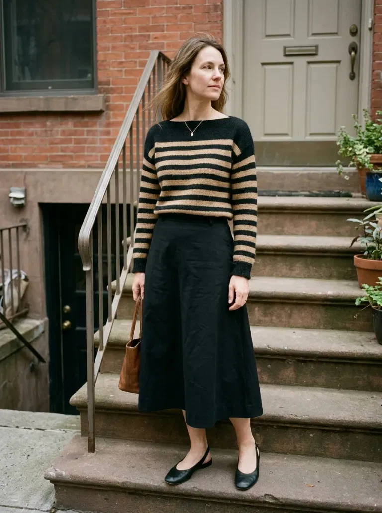 Black-And-Camel Striped Boat-Neck Sweater with Black A-Line Midi Skirt