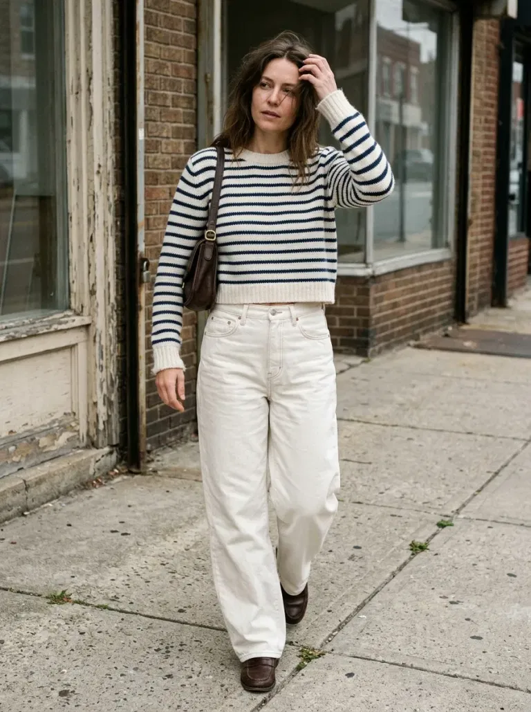 Blue Striped Cropped Sweater with High-Rise Off-White Wide-Leg Jeans