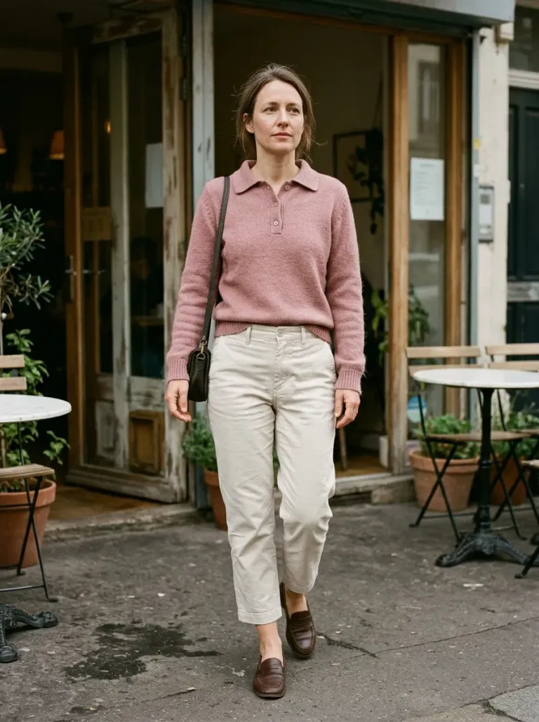 Muted-Pink Polo Sweater with Stone Cropped Chinos