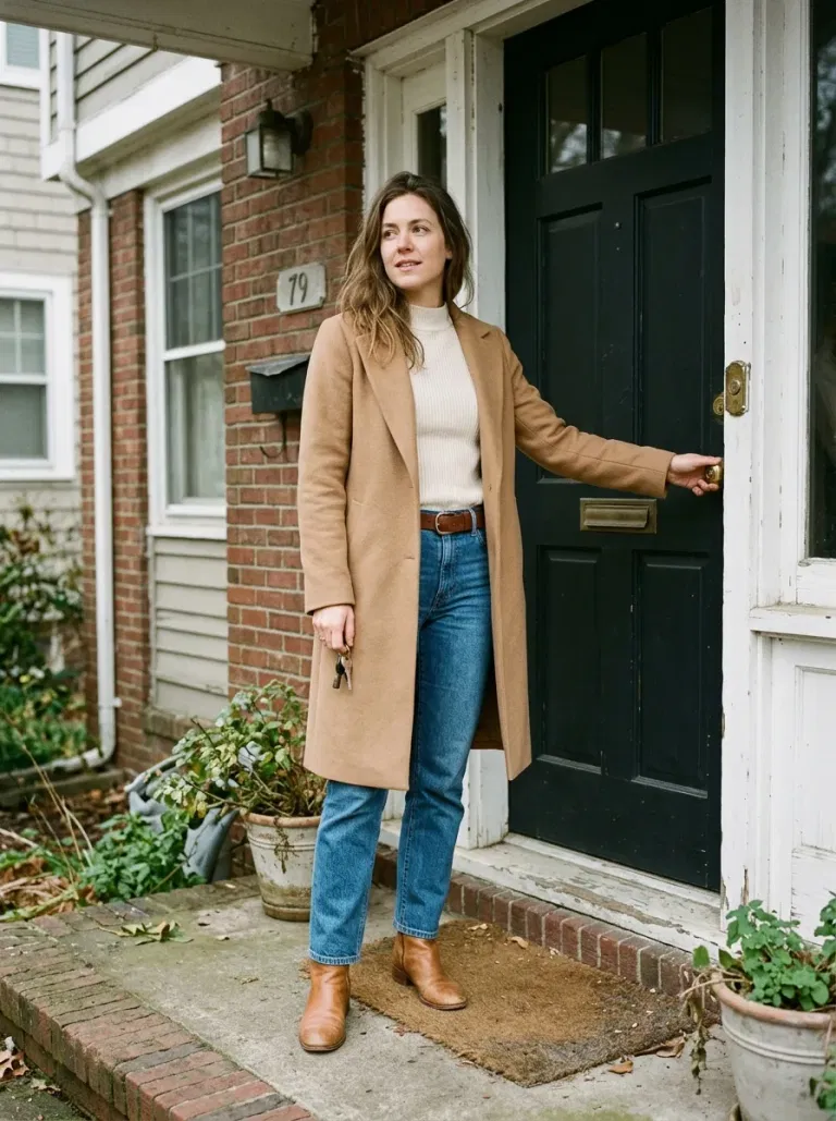 Camel Wool Coat and Mid-Blue Denim