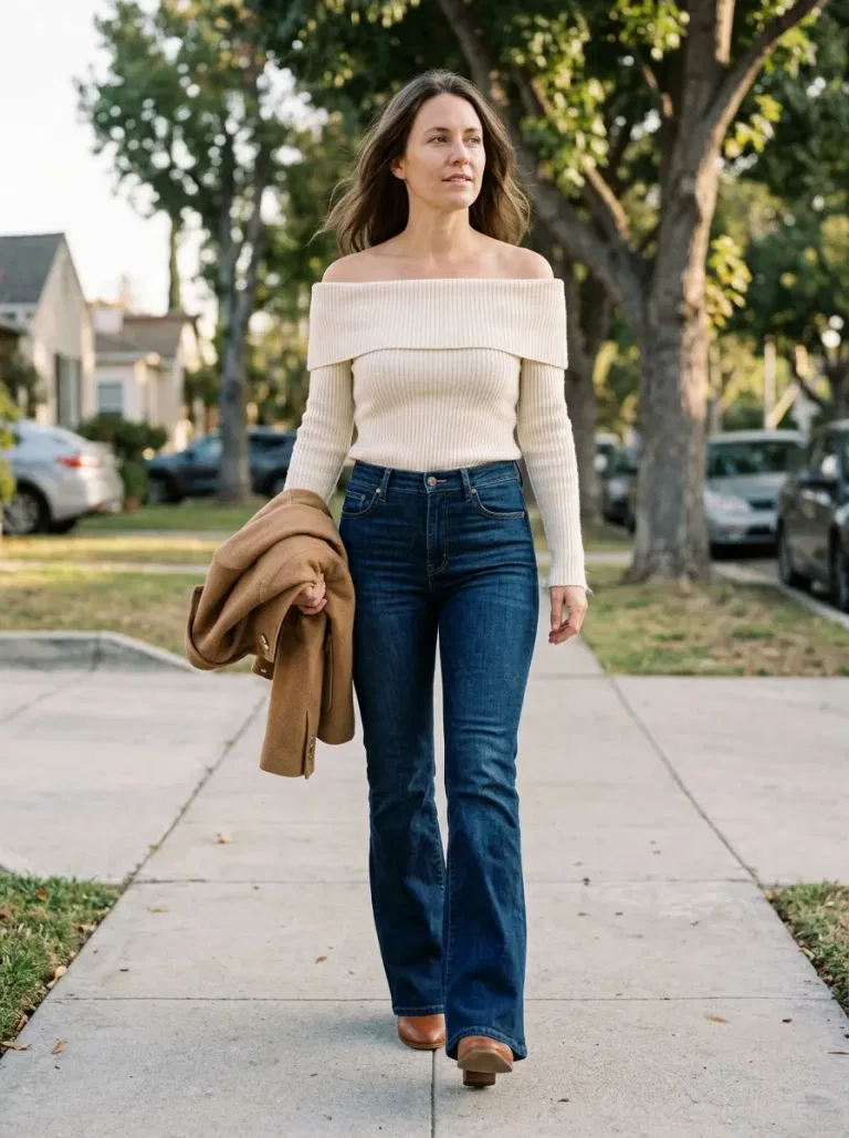Cream Off-The-Shoulder Fitted Sweater with Dark Indigo Flared Jeans