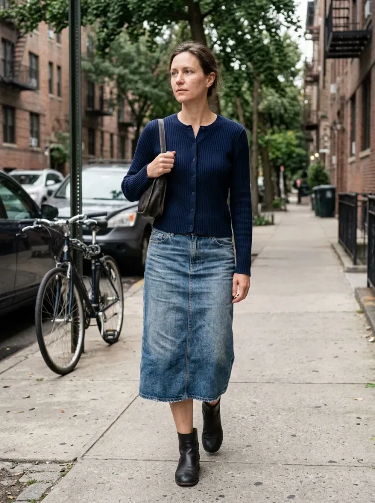 Navy Ribbed Cardigan with Faded Denim Midi Skirt