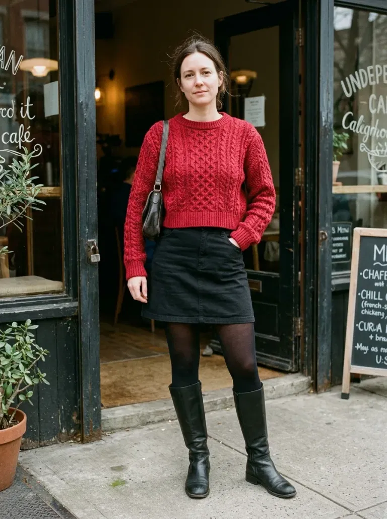 Cherry-Red Cropped Cable Sweater with Black A-Line Mini Skirt