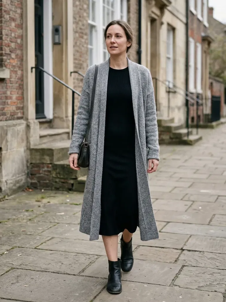 Grey Longline Knit Cardigan with Black Ribbed Midi Dress