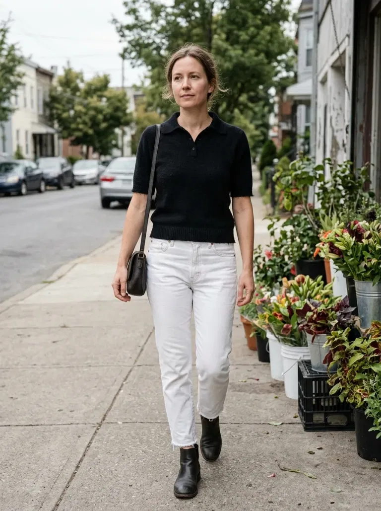Black Short-Sleeve Polo Sweater with White Ankle Jeans