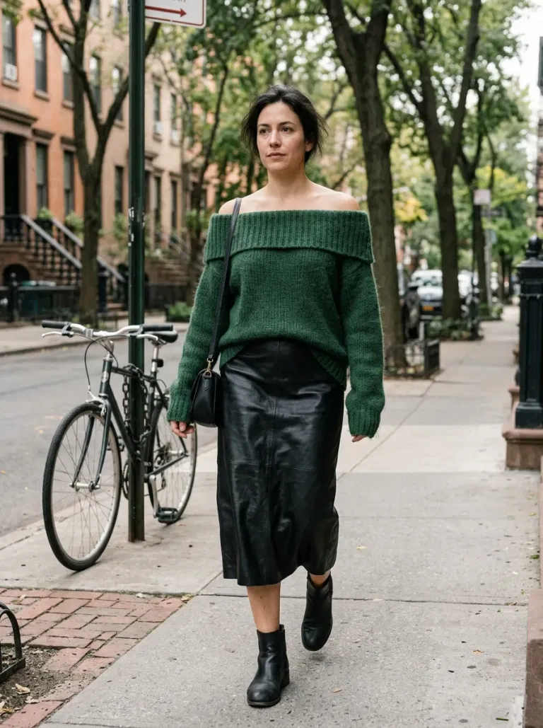 Forest-Green Off-The-Shoulder Sweater with Black Leather-Look Midi Skirt