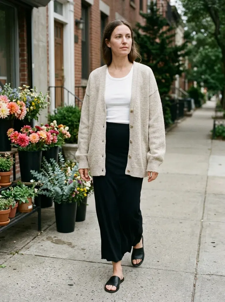 Oatmeal Boyfriend Cardigan with Black Jersey Column Skirt