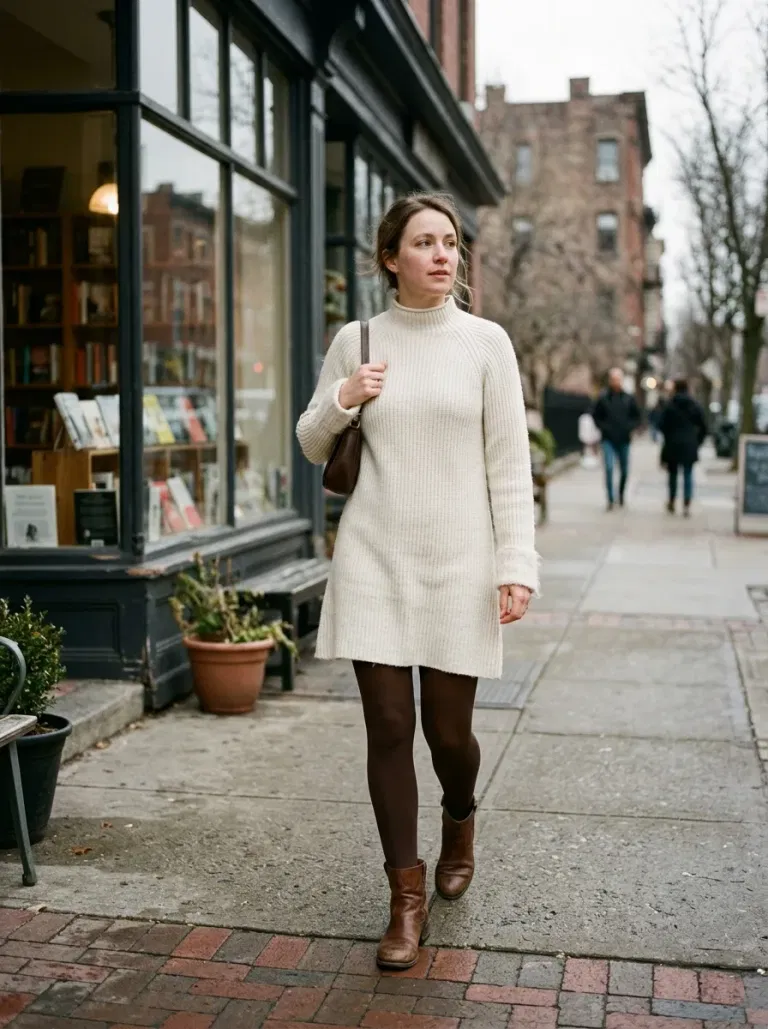 Ivory A-Line Sweater Dress with Brown Opaque Tights