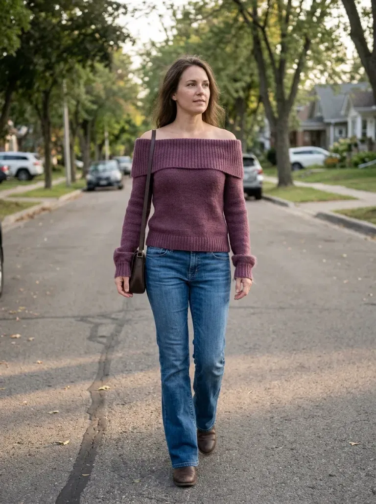 Plum Off-The-Shoulder Sweater with Mid-Blue Bootcut Jeans