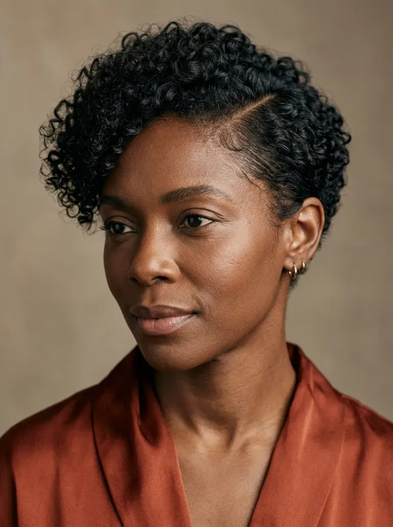 Black woman wearing a curly pixie with a rounded fringe