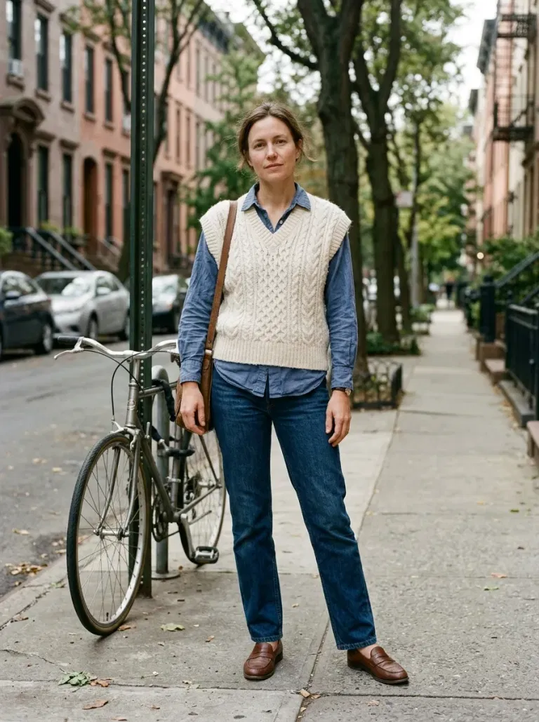 Cream Cable-Knit Sweater Vest with Dark Blue Straight Jeans