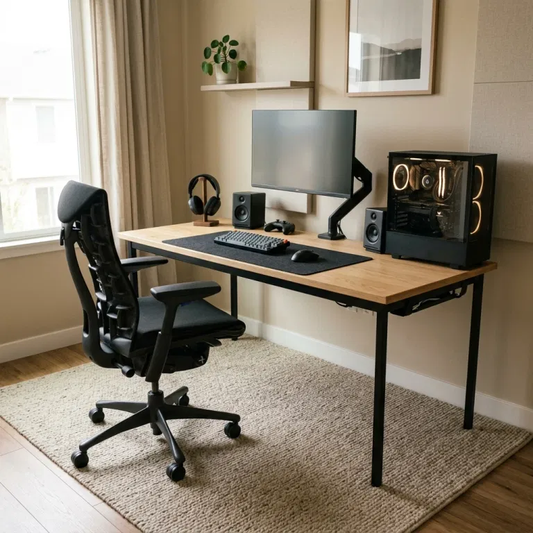 Warm oak gaming desk placed over a soft oatmeal wool rug with an ergonomic chair