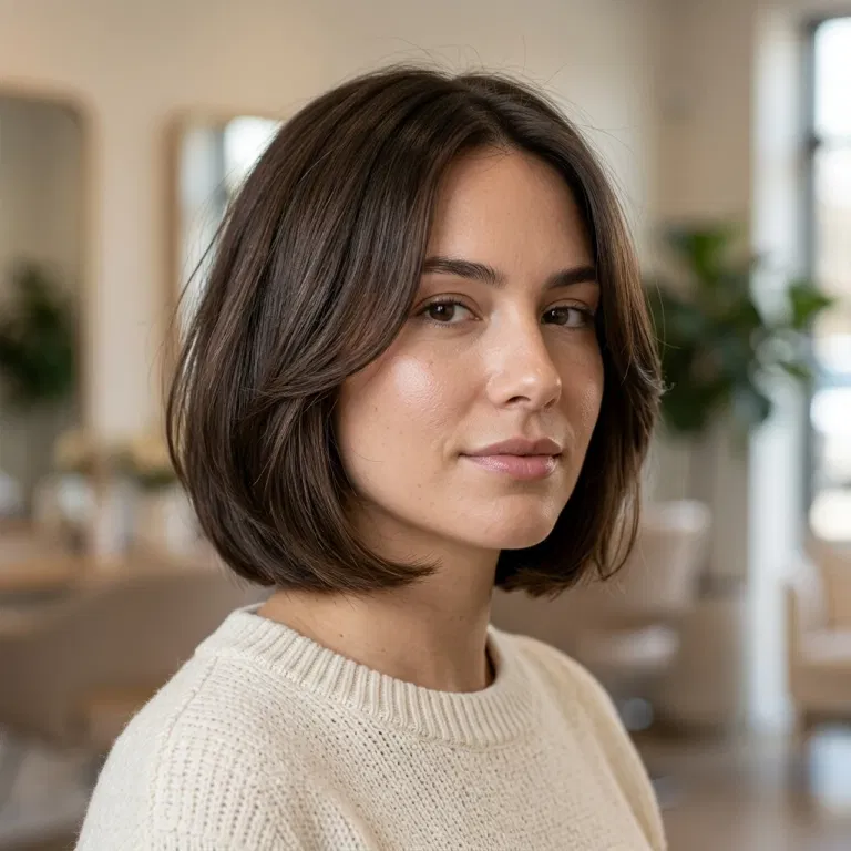Woman wearing a sleek bob tucked neatly behind the ears