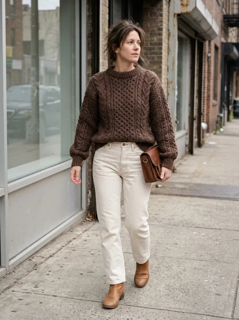 Chocolate Fisherman Sweater with Ecru Straight Jeans