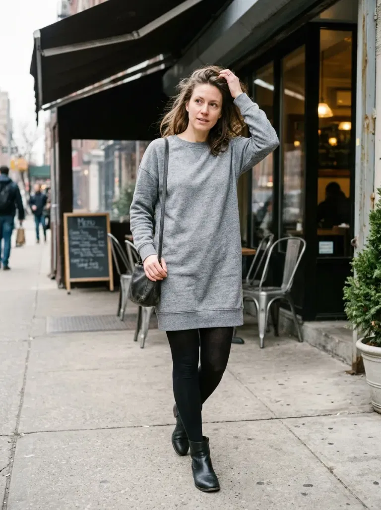 Grey Sweatshirt-Style Sweater Dress with Black Fleece-Lined Tights