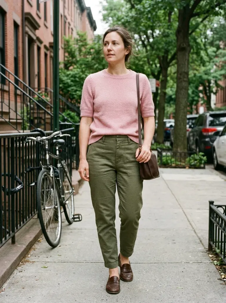 Petal-Pink Short-Sleeve Sweater with Olive Tapered Trousers