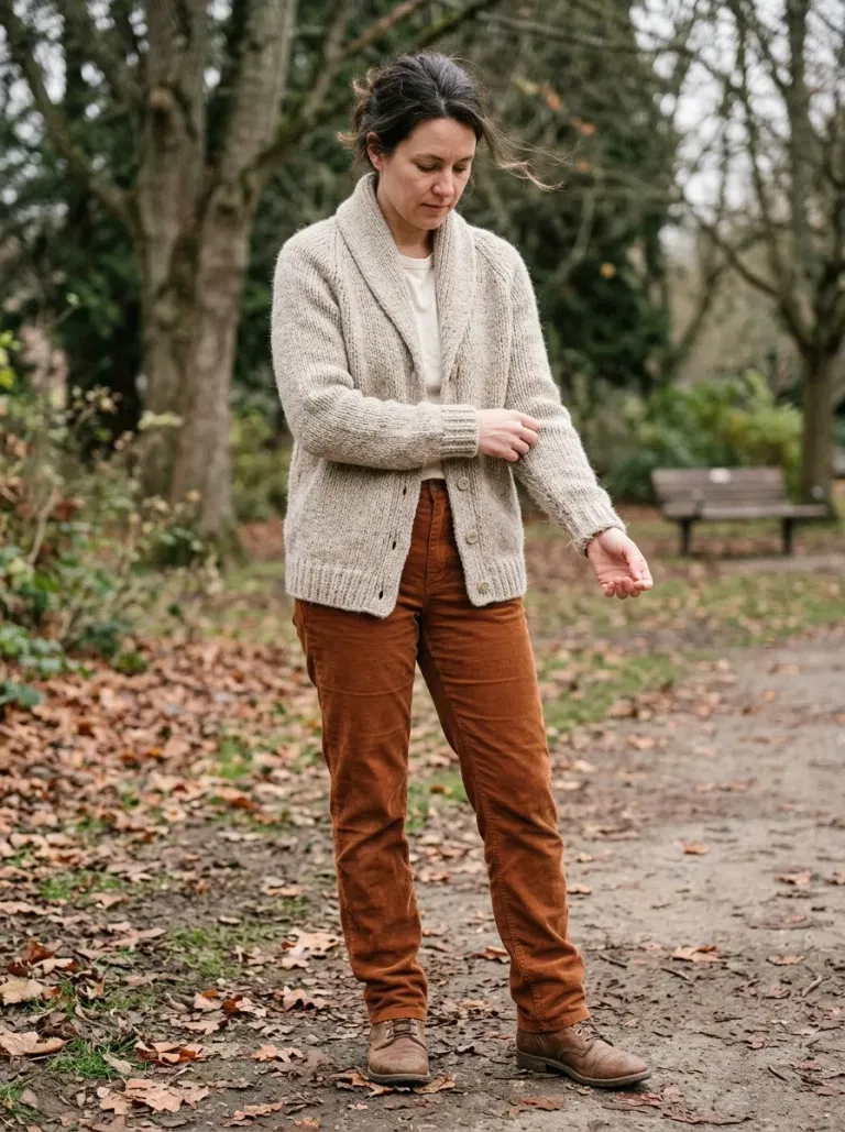 Oatmeal Shawl-Collar Knit Cardigan with Rust Corduroy Trousers
