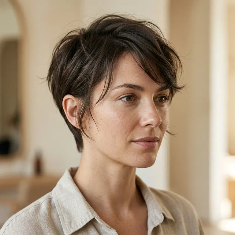 Woman wearing a short tapered crop with a soft wispy hairline