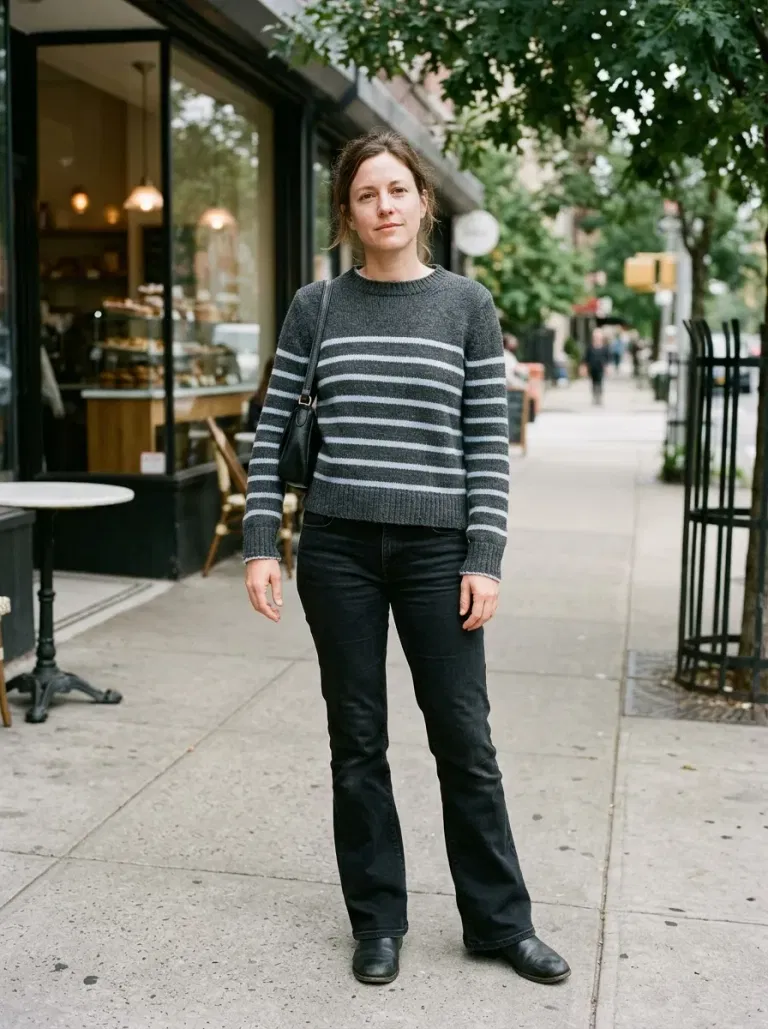 Charcoal Sweater With Pale-Blue Stripes with Black Bootcut Jeans