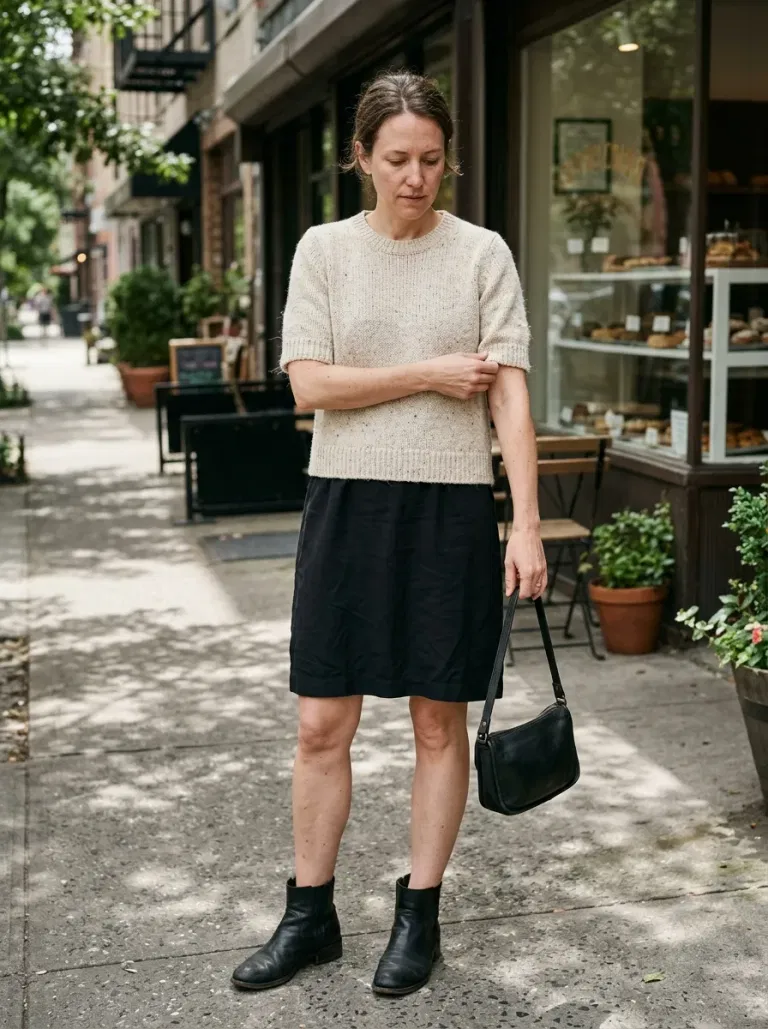 Oatmeal Short-Sleeve Sweater with Black Sleeveless Shift Dress
