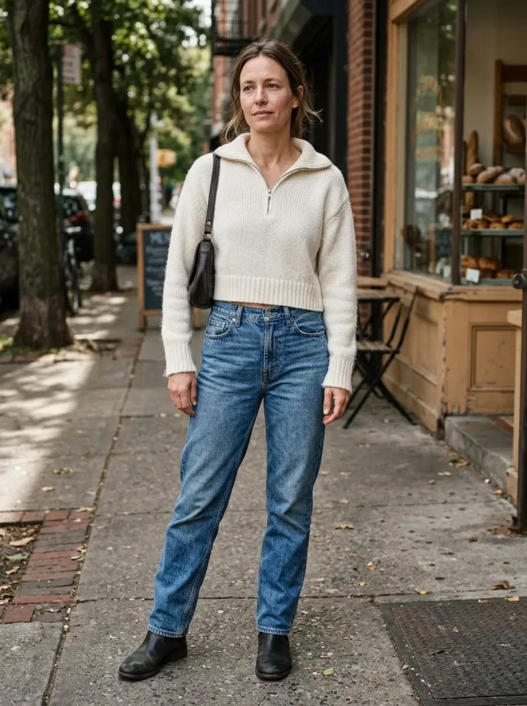 Ivory Cropped Zip-Neck Sweater with High-Rise Blue Relaxed Jeans