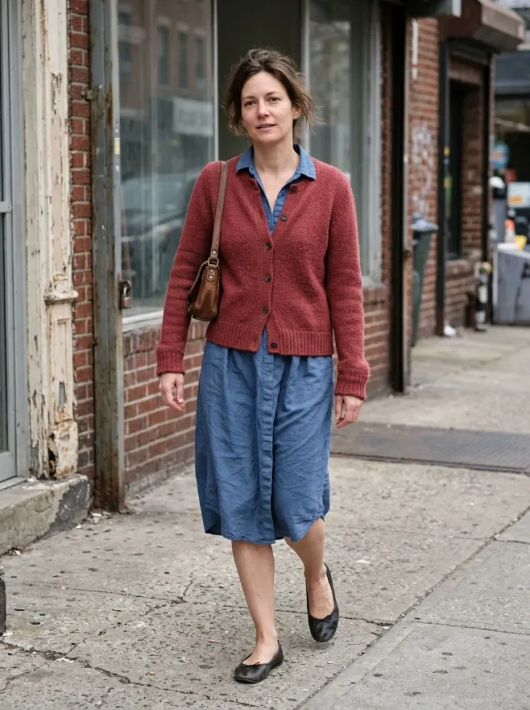 Muted-Red Buttoned Cardigan with Blue Cotton Shirt Dress