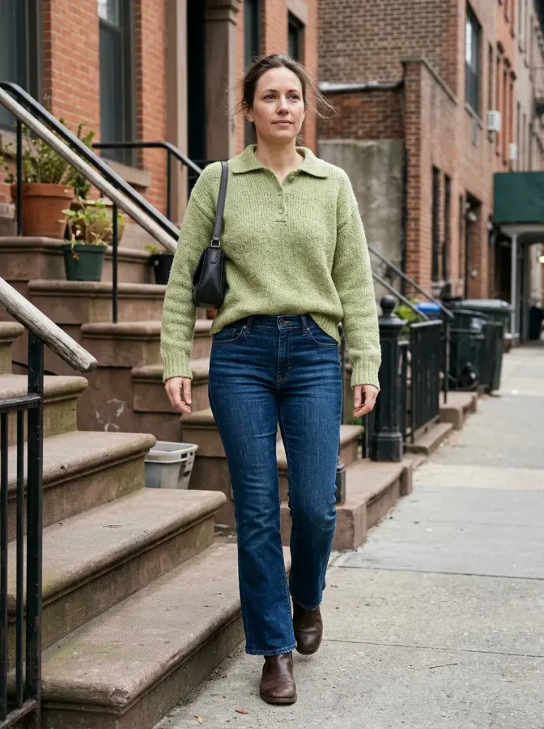 Pistachio Textured Polo Sweater with Dark Blue Kick-Flare Jeans