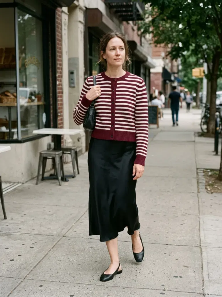 Burgundy-And-Ivory Striped Crewneck Cardigan with Black Satin Midi Skirt