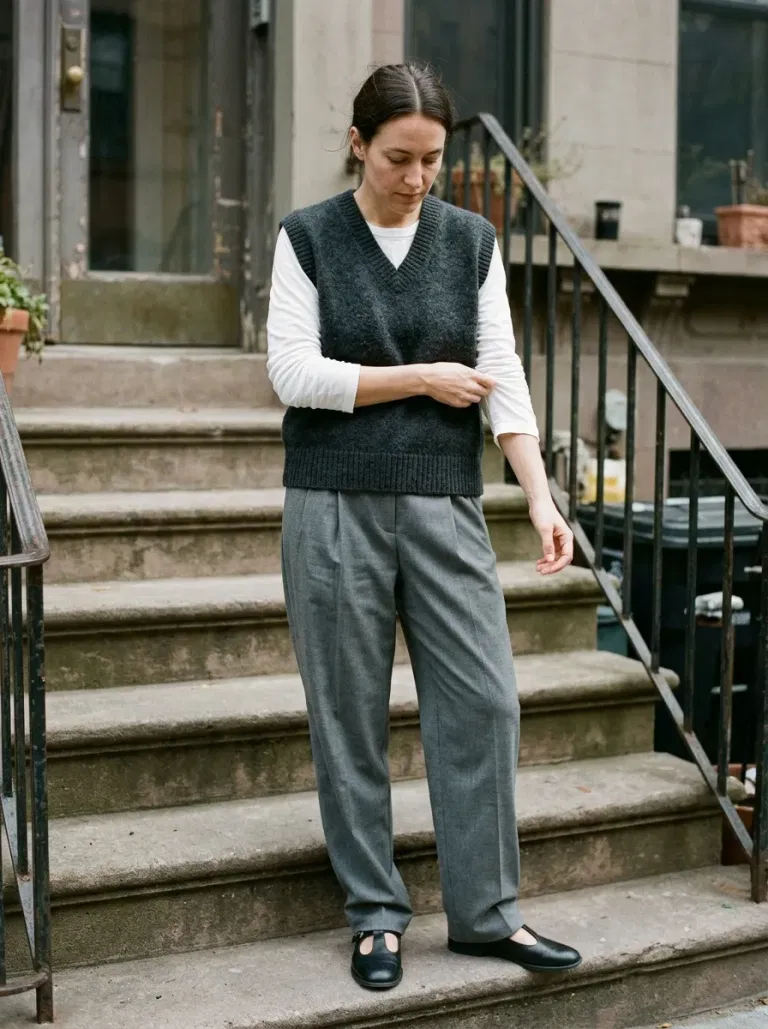 Charcoal V-Neck Sweater Vest with Grey Pleated Trousers