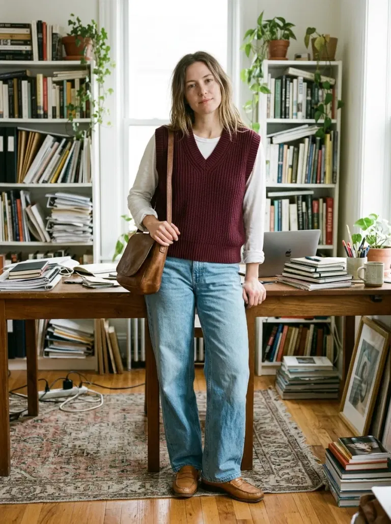 Burgundy Sweater Vest with Wide-Leg Jeans