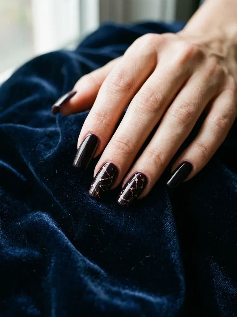 Midnight Berry Star Map nail design