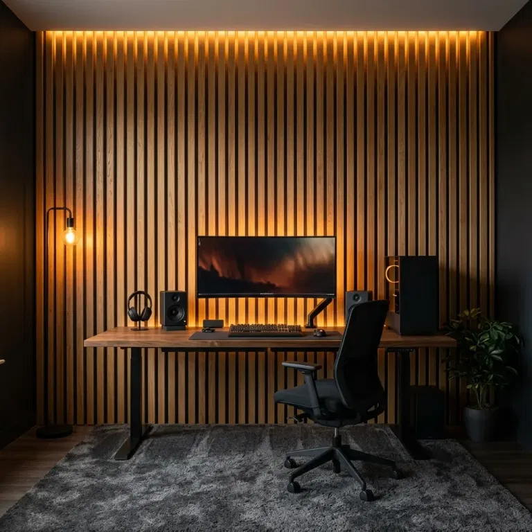 Oak wood-slat gaming feature wall with concealed amber vertical LED illumination behind a black desk