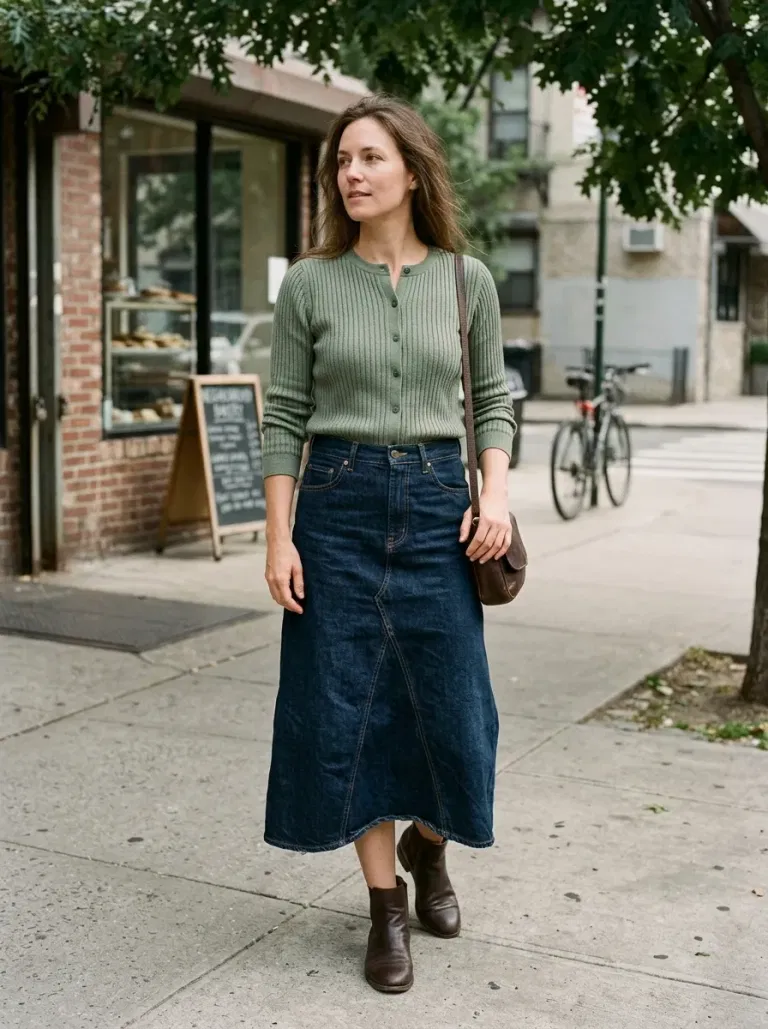 Sage Ribbed Cardigan with Dark Denim Midi Skirt