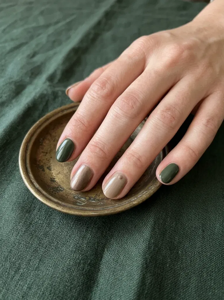 Forest Green and Bronze Skittle nail design
