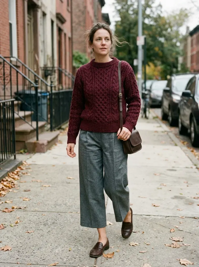 Burgundy Cable Sweater with Grey Tailored Culottes