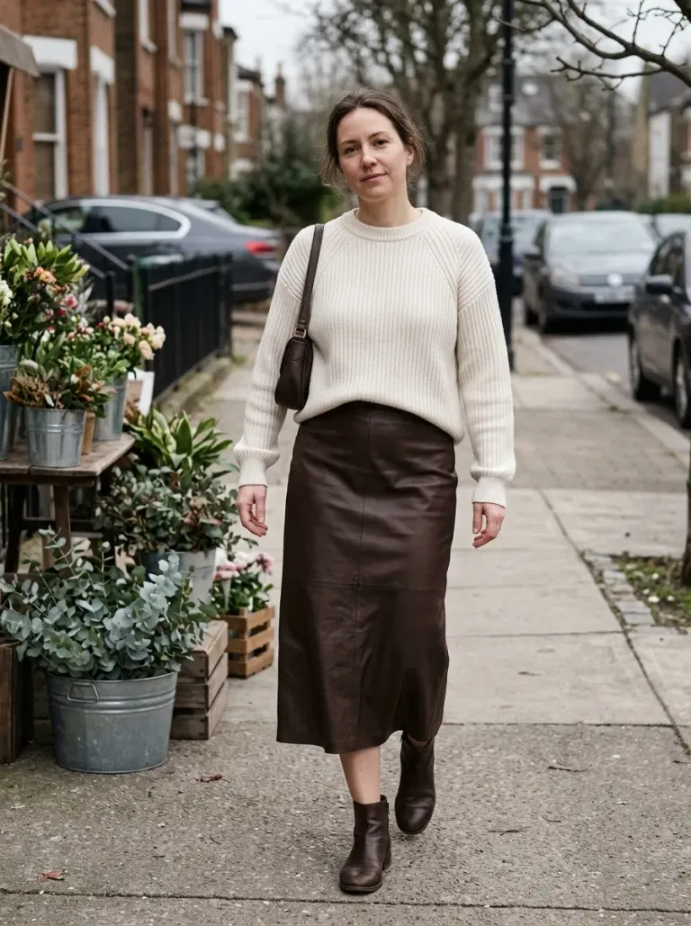 Ivory Ribbed Sweater with Chocolate Leather-Look Midi Skirt