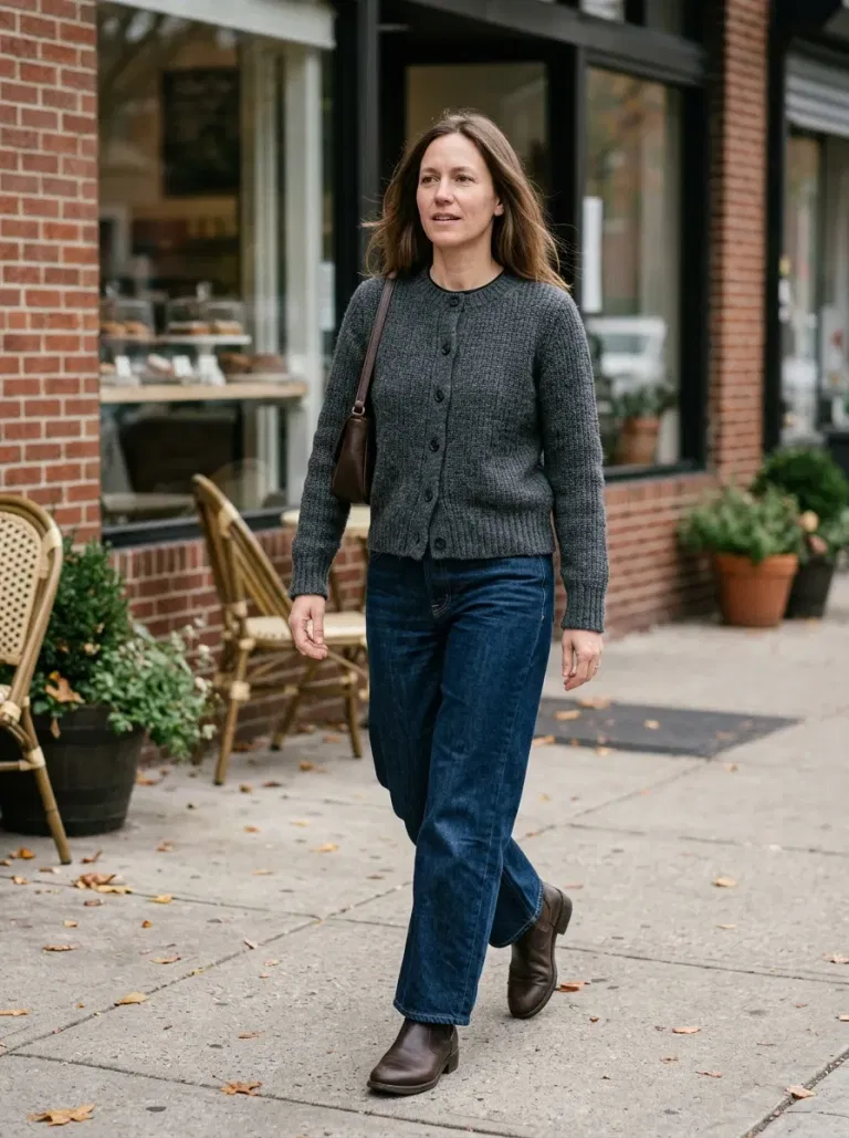 Charcoal Button-Front Knit Cardigan with Dark Indigo Trouser Jeans