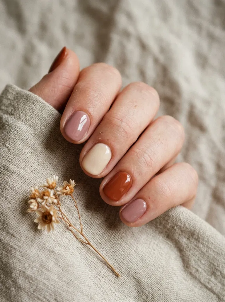 Rust, Rose, and Cream Skittle nail design