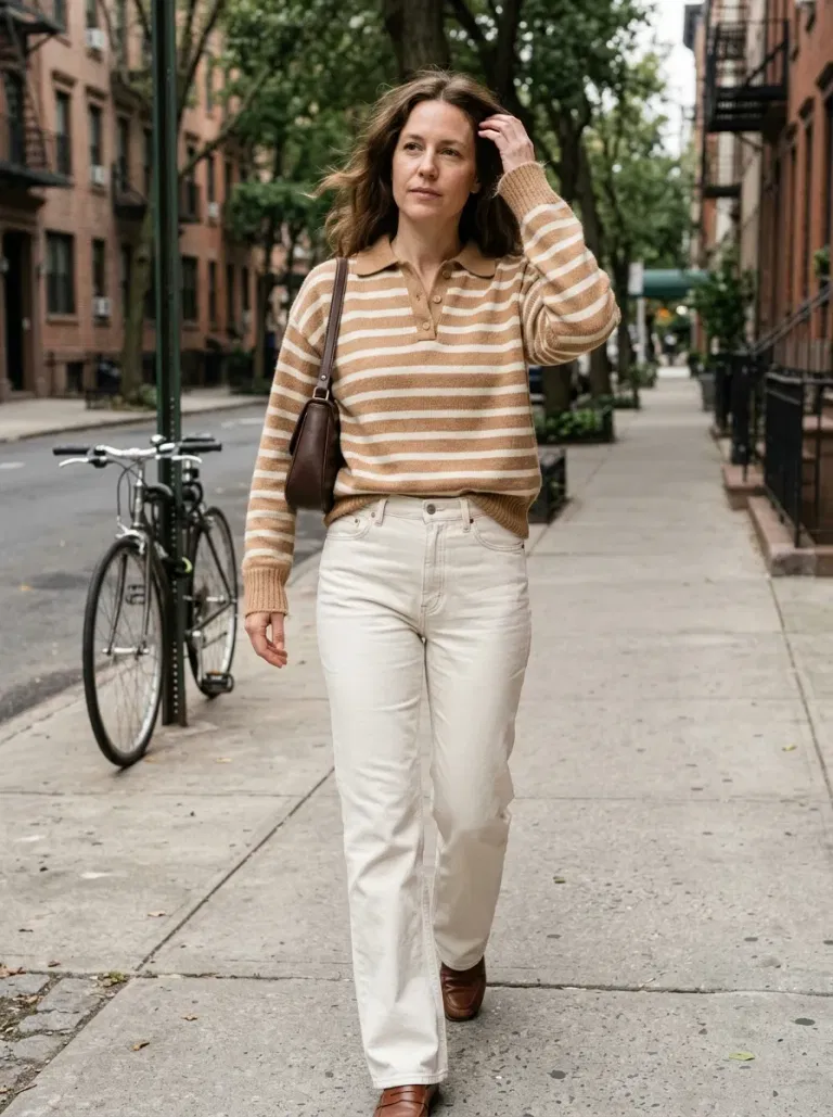 Camel-And-Cream Striped Polo Sweater with Ecru Bootcut Jeans