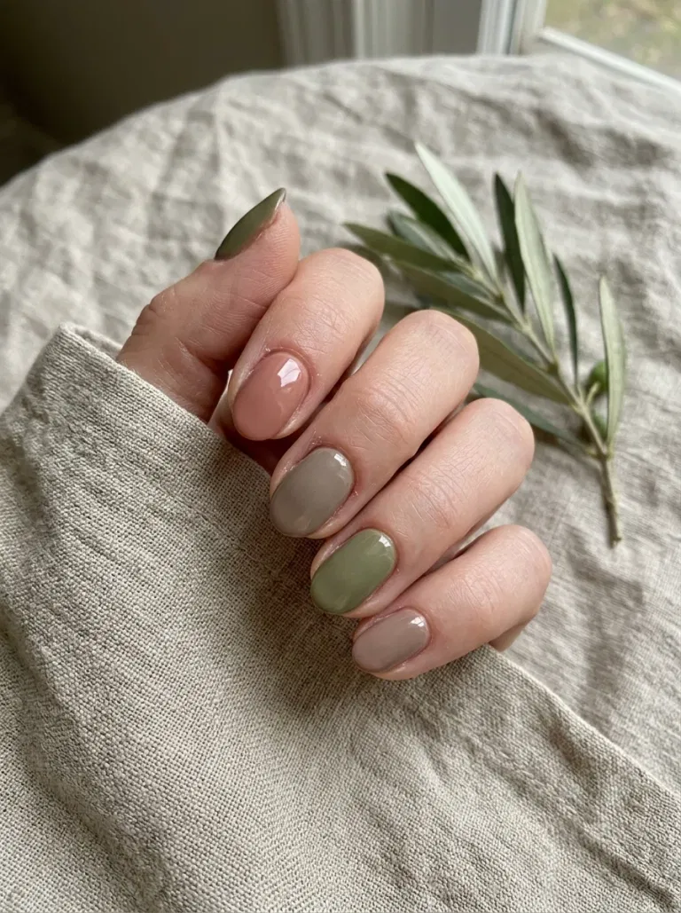 Rose, Taupe, and Olive Skittle nail design