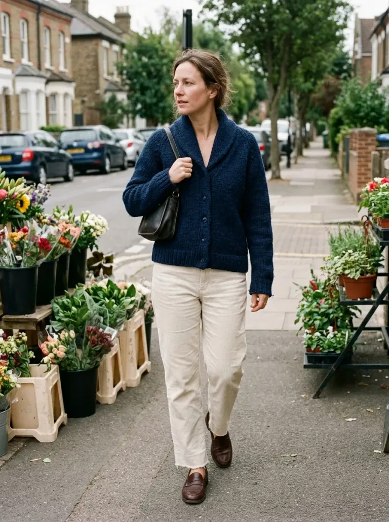 Navy Blue Shawl-Collar Cardigan with Ecru Corduroy Trousers