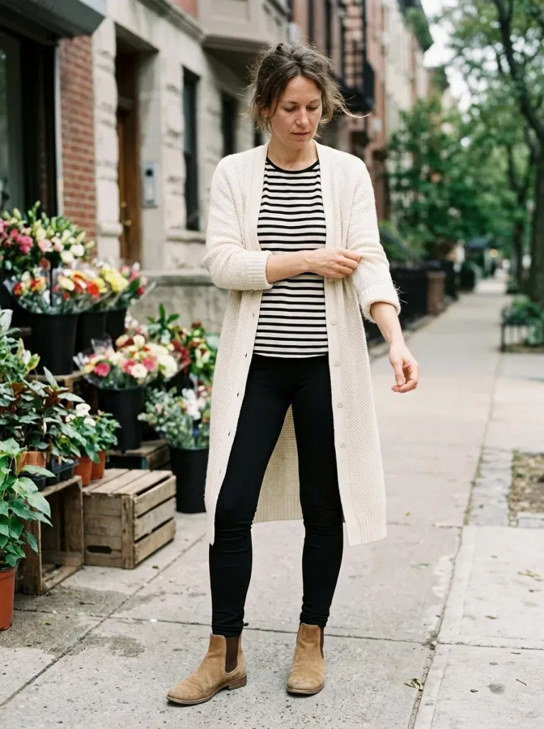 Cream Longline Cardigan with Black Ponte Leggings