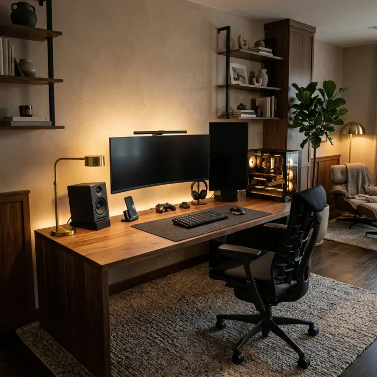 Warm gaming setup with a brass desk lamp and monitor light bar